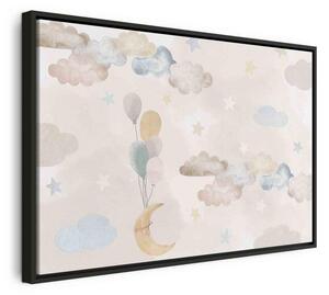 Quadro - Fairy-Tale Moon - Pastel Moon with Balloons Among Colorful Clouds and Stars in Subdued Colors on a Light Backgr