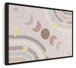 Quadro - Joyful Sky - Yellow Cheerful Stars with a Rainbow Against the Phases of the Moon in a Light Beige Sky Hue