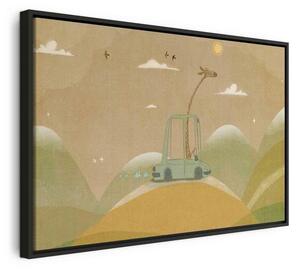 Quadro - Dreamy Traveler - A Cheerful Giraffe Driving a Car on a Sunny Day