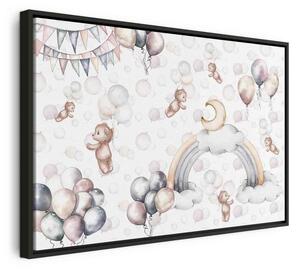 Quadro - Toy Bears with Balloons - Flying Plush Bears Among Balloons Clouds and Rainbows in Subtle Pastel Hues