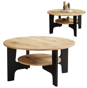Tavolino EstiloHome MIZU S, forma rotonda, diametro 80 cm, finitura "Artisan" in legno di quercia e nero, con ripiano e 2 livelli