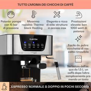 Klarstein Arabica, Macchina per Caffe Espresso, 15 Bar, 1,5 L, Touch, Acciaio Inox, 1050 W