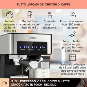 Klarstein Arabica Comfort Macchina per caffe espresso, 1350W, 20 Bar, 1,8l, pannello di controllo touch