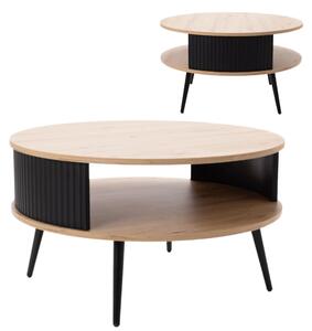 Tavolino EstiloHome TAKE, forma rotonda, diametro 76 cm, finitura "Artisan" in legno di quercia e nero, con piano contenitore e motivo a righe