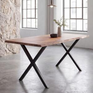 FineBuy Tavolo da pranzo 160 cm rettangolare in legno massello di acacia con bordo naturale Tavolo da pranzo industriale Tavolo da cucina in legno massello con bordo naturale Tavolo con base a X Nero