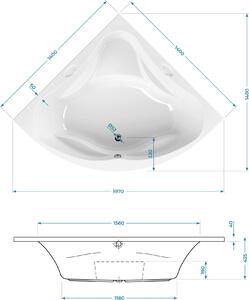 Vasca da bagno angolare Calmwaters® 140x140 cm con seduta, vasca in acrilico Original, vasca doppia per due persone, vasca da bagno con seduta, dimensioni 140 x 140 cm, vasca da bagno angolare bianca, 02SL3013