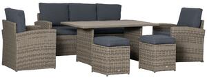 Outsunny Set Mobile da Giardino da 6 Pezzi in Rattan PE, Salotto con Divano 3 Posti, 2 Poltrone, 2 Sgabelli e Tavolo, Cuscini Sfoderabili, Grigio