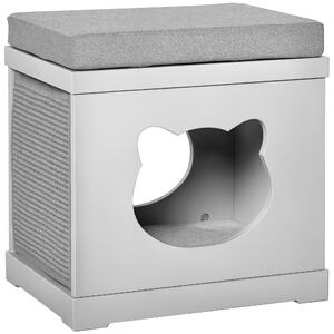 PawHut Cuccia Casetta per Gatti in Legno con 2 Cuscini e Tiragraffi Rimovibili, Grigio, 41x30x36cm|Aosom