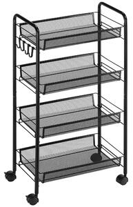 HOMCOM Carrello Cucina 4 Ripiani Rimovibili, 4 Ganci, Ruote Scorrevoli, Acciaio e Plastica PP, 45x26.5x84 cm - Nero|Aosom