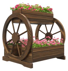 Outsunny Fioriera in Legno da Esterno a 2 Livelli con 3 Vasi e Ruote di Carro Stile Country, 64x54x60cm|Aosom