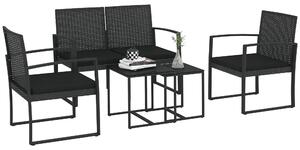 Outsunny Set da Giardino con 2 Sedie, Divanetto e 2 Tavolini con Cuscini e Piano in Vetro, Nero|Aosom