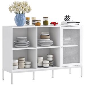 HOMCOM Mobile Buffet con 4 Ripiani Aperti e Armadietto, in Truciolato e Acciaio, 120x37x81.5 cm, Bianco|Aosom