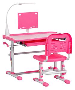 HOMCOM Set Scrivania per Bambini 6-12 Anni con Sedia Regolabile in Altezza, Cassetto, Luce e Piano Inclinabile, Rosa