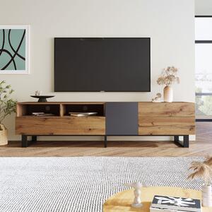 Mobile TV Moderno Colorblocking con Venature in Legno e Superficie Lucida, Design Irregolare, Senza Maniglia, Rovere + Antracite, Nero|Aosom