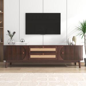 Mobile TV in Rattan con Ante e Cassetti, Stile Rustico, color Legno Naturale