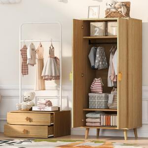 Armadio Merax e appendiabiti, armadio per bambini con 2 ante, ampio spazio di stoccaggio, barra appendiabiti, maniglie a tema cartone animato, piedini rialzati, set appendiabiti, colore naturale