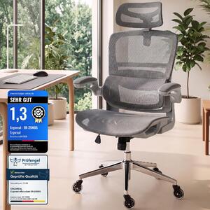 Sedia da scrivania ergonomica, portata massima 150 kg, braccioli regolabili, supporto lombare dinamico, funzione basculante, rivestimento in mesh, ideale per l'ufficio domestico e il gaming. Colore: grigio scuro