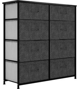 Comodino con 8 cassetti, rivestito in tessuto nero/grigio, dimensioni 86x30x90 cm, struttura in metallo, piano in legno