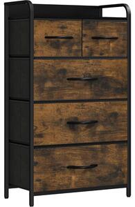 Comodino con 5 cassetti rivestiti in tessuto, color marrone rustico, dimensioni 58 x 29 x 100 cm