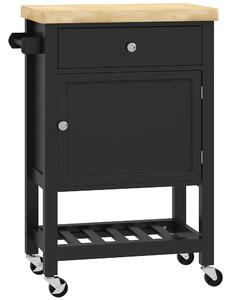 HOMCOM Carrello da Cucina su Ruote, Carrello di Servizio con Piano in Legno di Hévéa e Cassetto, 63,5x40x90 cm, Nero | Aosom Italy