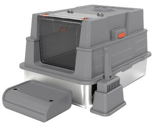 PawHut Lettiera 130L con Coperchio Ribaltabile a 180°, Pareti Laterali Alte, Paletta e Pedana, in Acciaio Inossidabile, 70x50x43 cm, Grigio | Aosom Italy