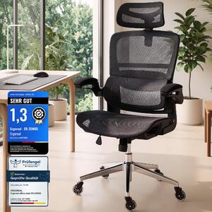 Sedia da scrivania ergonomica, portata massima 150 kg, braccioli regolabili, supporto lombare dinamico, funzione basculante, rivestimento in mesh, ideale per l'ufficio domestico e il gaming, colore nero