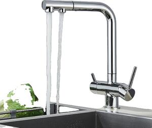 Rubinetto da cucina filtrato, funzionamento a doppia maniglia, struttura in ottone, cromo