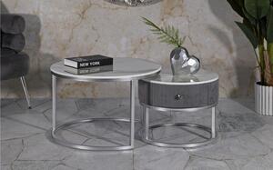 Tavoli da caff� Greys, coppia moderna con struttura in metallo silver e piano effetto marmo dimensioni � 70x48-� 50x43,5 crema e oro