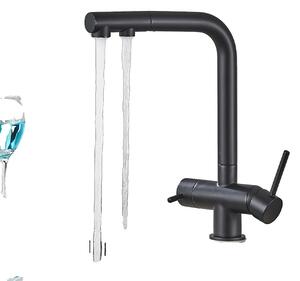 Rubinetto da cucina filtrato, funzionamento a doppia maniglia, struttura in ottone, nero opaco