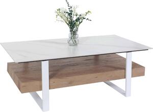 Tavolino MCW-L88, tavolino da salotto, ripiano in ferro 43x120x60 cm, pietra sinterizzata effetto marmo bianco, legno naturale