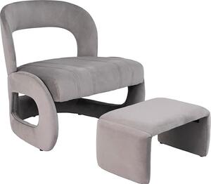 Poltrona con poggiapiedi, poltrona in velluto e pouf con schienale ricurvo, seduta imbottita in schiuma, piedini antiscivolo, design elegante, ingombro ridotto, grigio