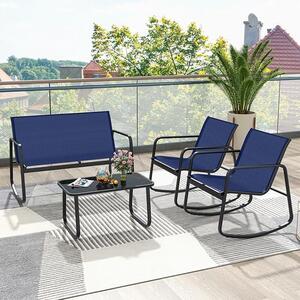 4 TLG. Set da salotto per mobili da giardino, set da salotto per giardino con tavolino e panca da giardino e 2 sedie a dondolo, con dolce movimento a dondolo, blu
