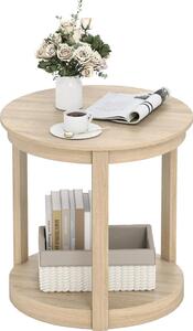 Tavolino rotondo, a due livelli con gambe in legno di albero della gomma e piedini protettivi, tavolino da caffè in legno, tavolino da salotto, tavolino rustico, 60,5 x 61 cm, rovere