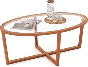 Tavolino in vetro, tavolino ovale moderno da 118 cm con vetro temperato trasparente e struttura in legno d'acacia, tavolino da salotto, marrone