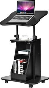 Scrivania regolabile in altezza 66-110 cm, tavolo alto da computer con piano inclinabile, tavolo per laptop, tavolo da lavoro su rotelle, scrivania per computer con mensola per stampante, nero