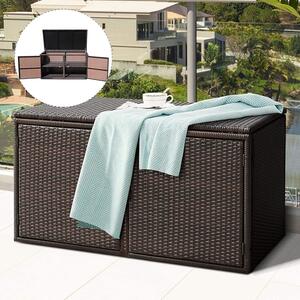 Contenitore da 330 litri con coperchio e doppia porta, contenitore da giardino in rattan con 2 ripiani, contenitore portaoggetti, contenitore per cuscini per giardino anteriore e cortile (marrone)