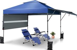Gazebo pieghevole con doppia tettoia, altezza regolabile, prolunghe laterali regolabili e montanti in metallo, protezione UV 50+, gazebo da giardino impermeabile con borsa per il trasporto (blu)