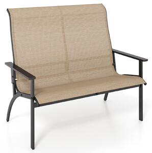 Panca da giardino, panca da esterno in metallo a 2 posti con schienale alto e braccioli, portata 300 kg, sedia Adirondack resistente alle intemperie, marrone e nera