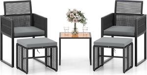 Set di mobili da giardino in rattan da 5 pezzi, mobili da salotto per esterni con tavolo in legno d'acacia, poltrone in rattan PE, cuscini sfoderabili e pouf impilabile