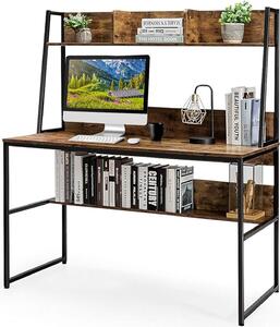 Scrivania per computer, tavolo da lavoro con libreria e 3 scomparti, ampio piano e piedini regolabili, salvaspazio, 120 x 57 x 140 cm (marrone)