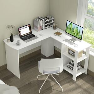 Scrivania angolare a L con 3 ripiani, scrivania salvaspazio, scrivania per computer, scrivania per ufficio dal design industriale, 130x130x72,3 cm (bianco)
