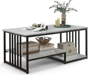 Tavolino da salotto a 3 ripiani con superfici di appoggio, finitura effetto marmo e struttura in metallo, tavolino decorativo con vano contenitore, 110 cm, grigio
