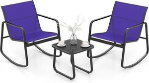 Set di 3 pezzi con tavolo e sedie, 2 comode sedie a dondolo e tavolino con piano in vetro, arredamento per interni ed esterni come balconi, blu scuro