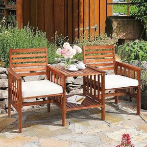 Set di mobili da giardino con tavolo dotato di foro per ombrellone e 2 sedie con cuscini, salottino in legno, panca a due posti con tavolino integrato, salottino da giardino