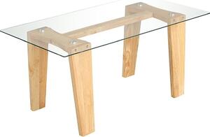 Tavolino rettangolare, tavolino con piano in vetro temperato trasparente e struttura in legno di gomma, tavolino da centro moderno, 100 x 50 x 44,8 cm, naturale