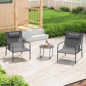 Set da terrazza in 3 pezzi, composto da sedie Sling con seduta imbottita e poggiatesta, tavolino rotondo con piano in metallo e tasche laterali, grigio