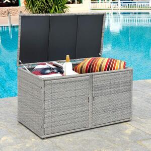 Contenitore da 330 litri con coperchio e doppia anta, contenitore da giardino in rattan con 2 ripiani, contenitore portaoggetti, contenitore per cuscini per giardino anteriore e cortile (grigio)