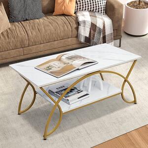 Tavolino da salotto in marmo dorato, tavolino da caffè con 2 ripiani, tavolino da salotto moderno, tavolino da divano, tavolino da tè 110x50x45 cm, tavolino decorativo con gambe in metallo, tavolino da salotto effetto marmo