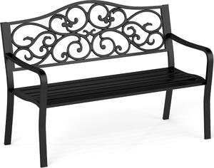 Panchina da giardino in metallo per 2-3 persone, 128 cm, con schienale ergonomico e braccioli, motivo floreale, panchina da esterno in ghisa