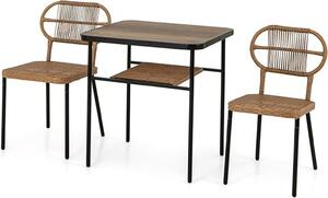 GIANTEX Set di mobili da giardino in 3 pezzi, tavolo con piano in finto legno e struttura di contenimento, sedie in rattan con piedini regolabili, design impilabile